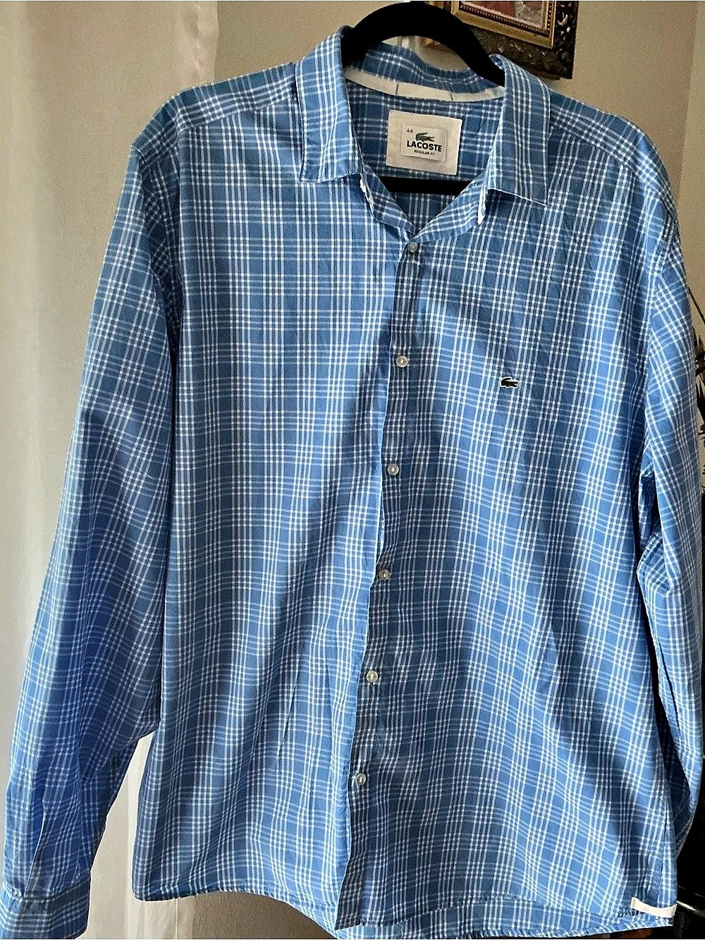 Lacoste Regular Fit Blue and White Plaid Long Sleeve Button-Down Shirt Men's